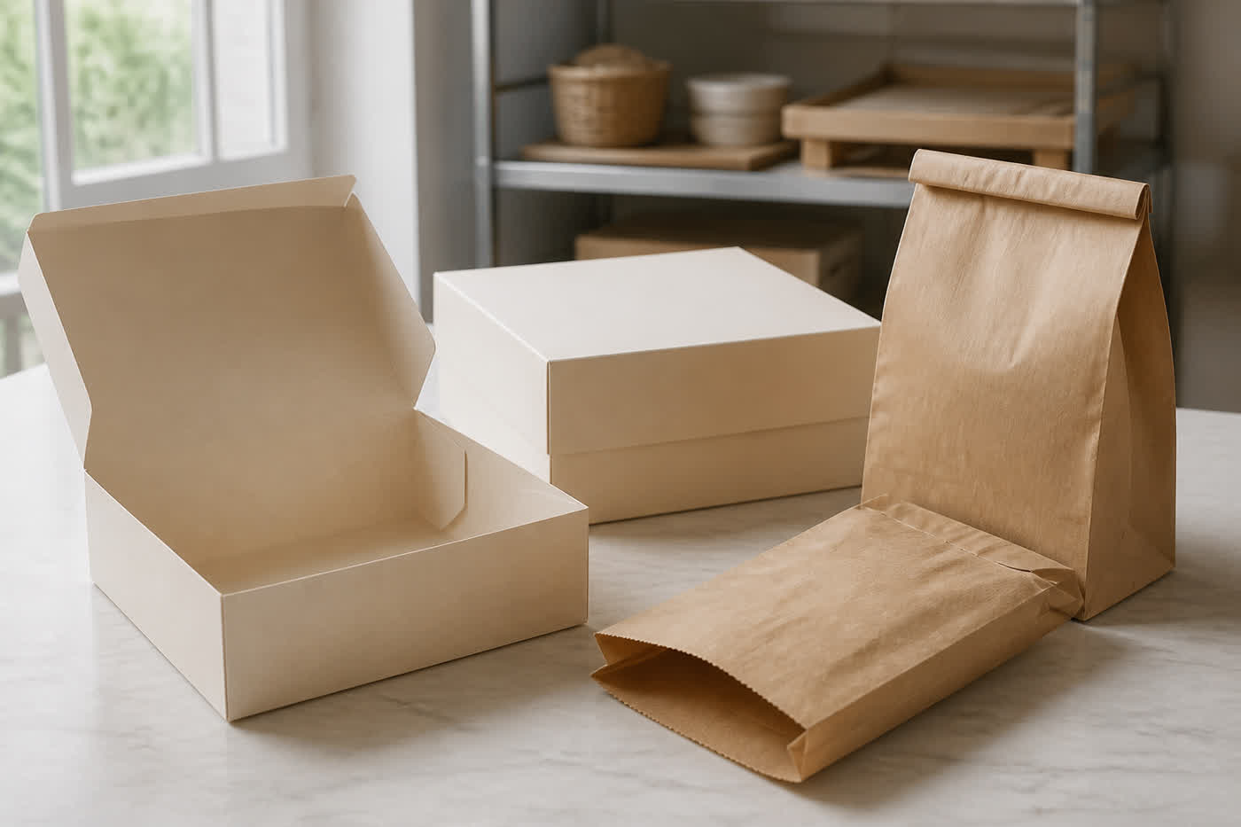 Unbranded kraft bakery boxes and pastry bags arranged as food-service packaging samples