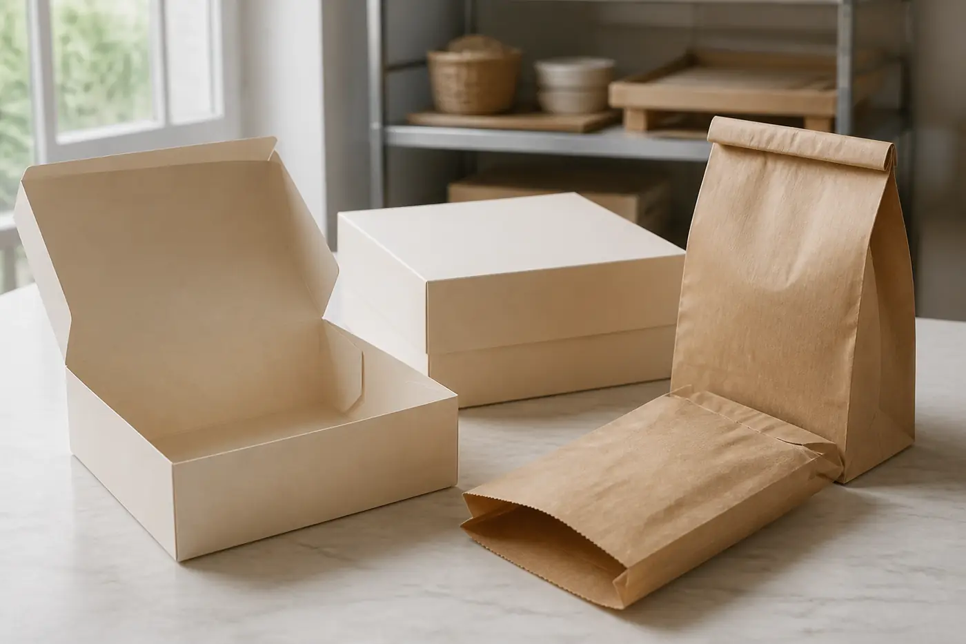 Unbranded kraft bakery boxes and pastry bags arranged as food-service packaging samples