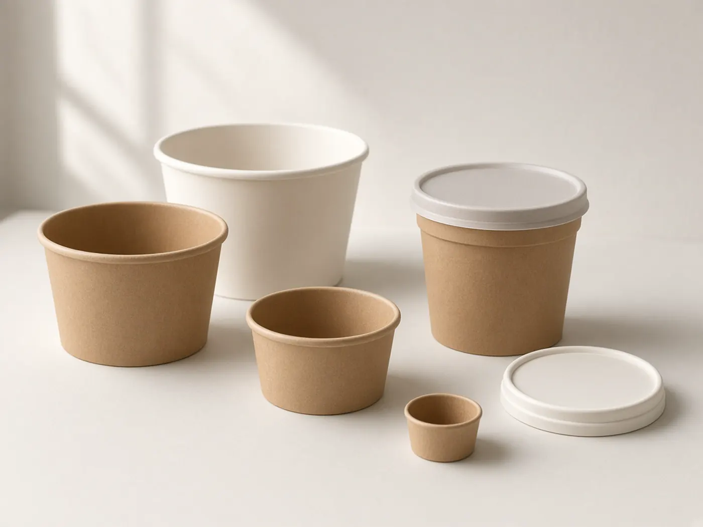 Unbranded paper food bowls, soup cups and fitted lids arranged as packaging samples