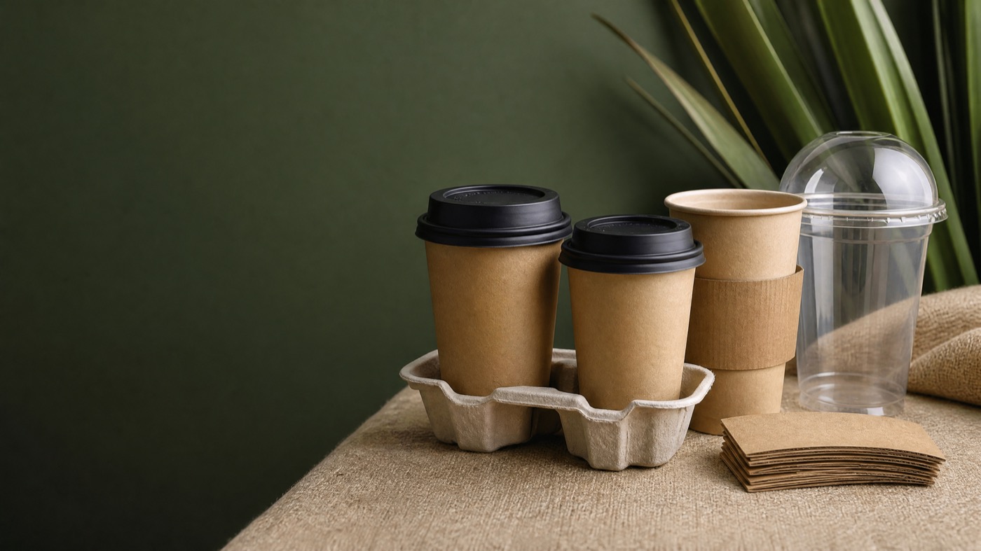 Unbranded coffee cups, lids, sleeves and fibre drink carrier arranged as a packaging sample kit
