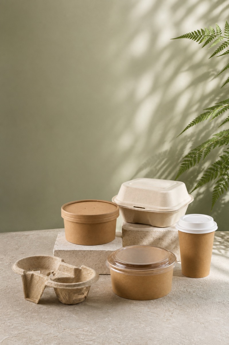 Unbranded custom printed packaging samples showing print placement on cups and boxes