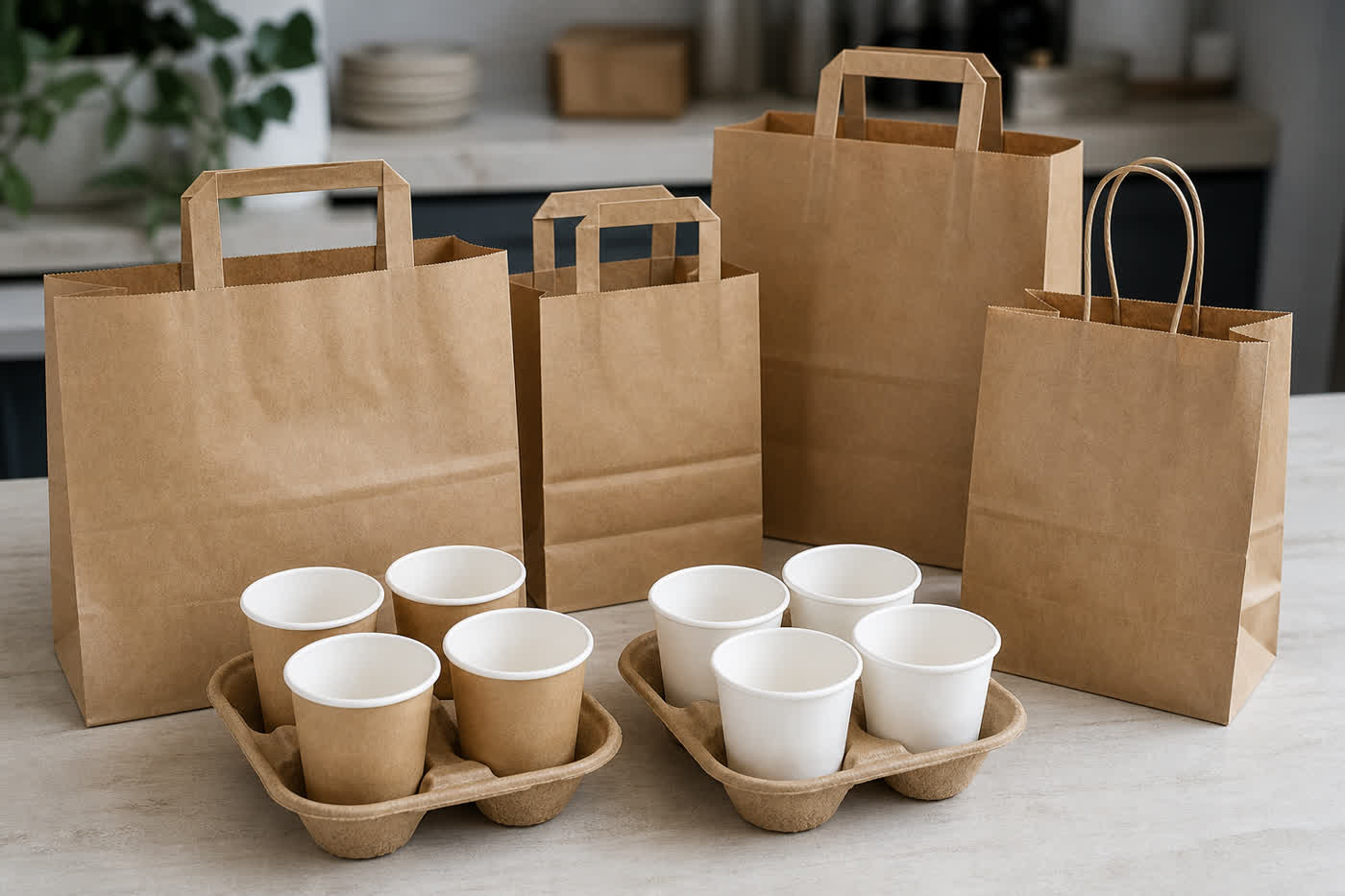 Unbranded kraft paper takeaway bags with handles and fibre drink carriers on a sample table