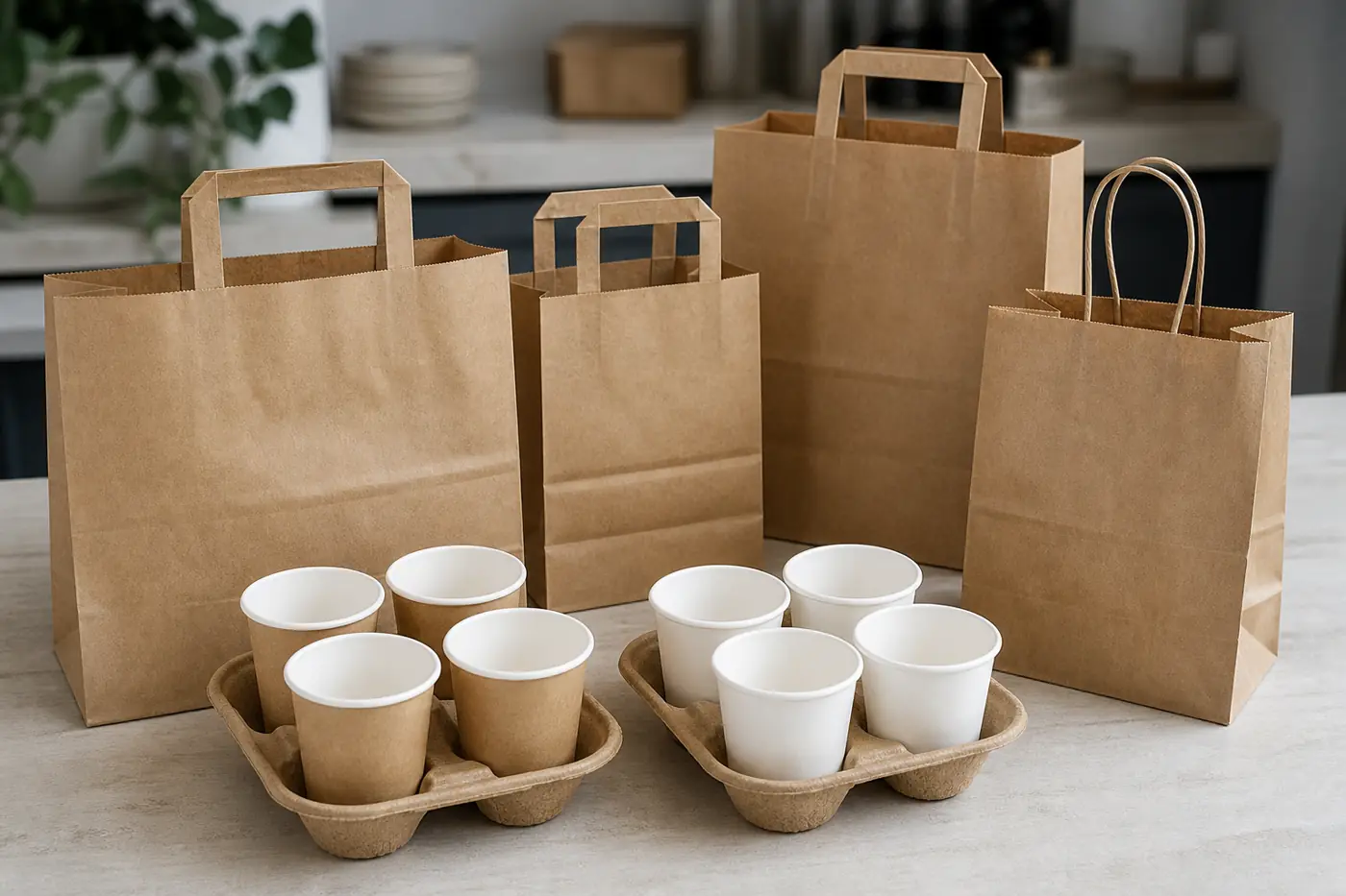 Unbranded kraft paper takeaway bags with handles and fibre drink carriers on a sample table