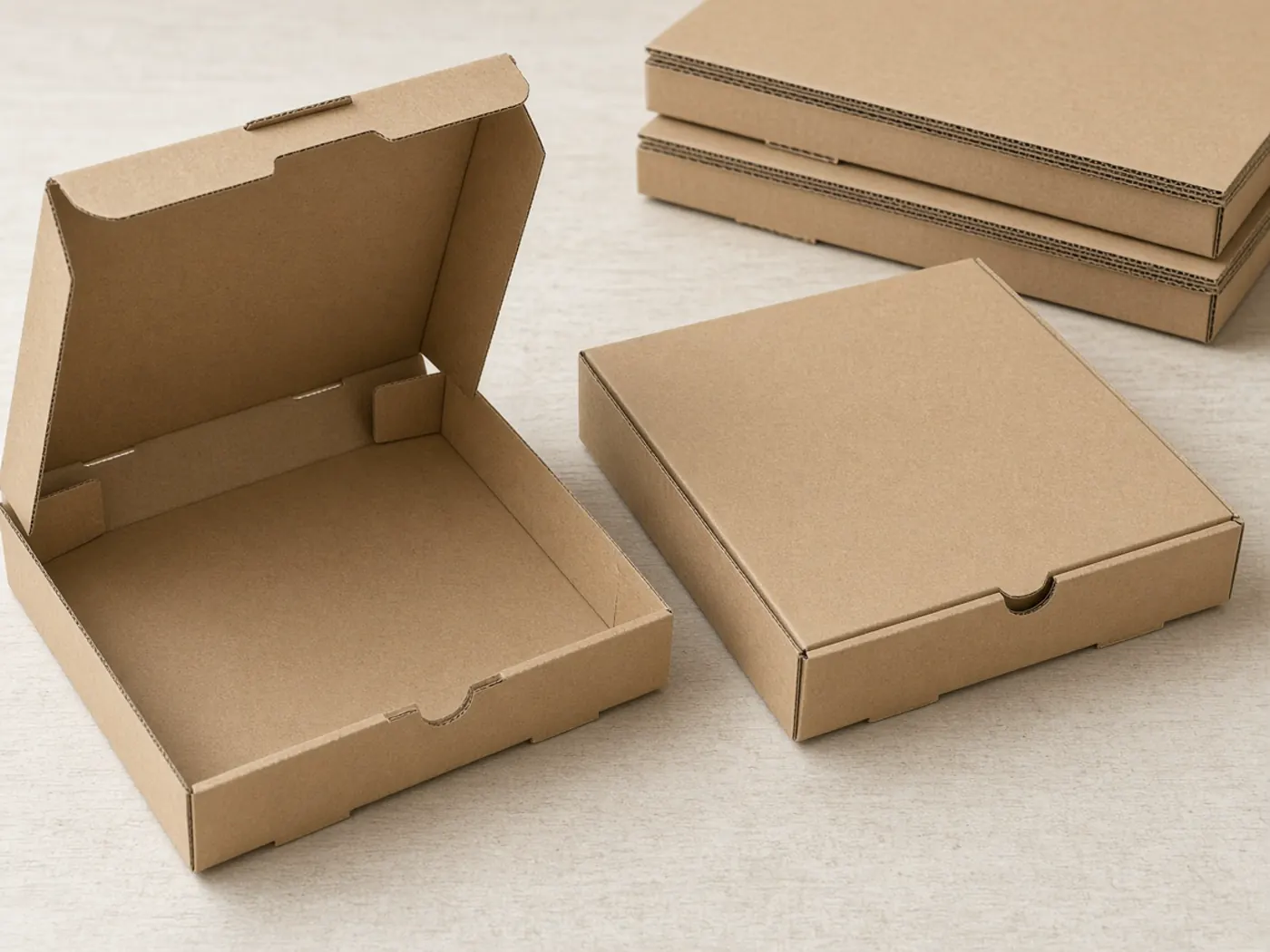 Unbranded kraft pizza boxes, one open and one closed, arranged as food-service packaging samples