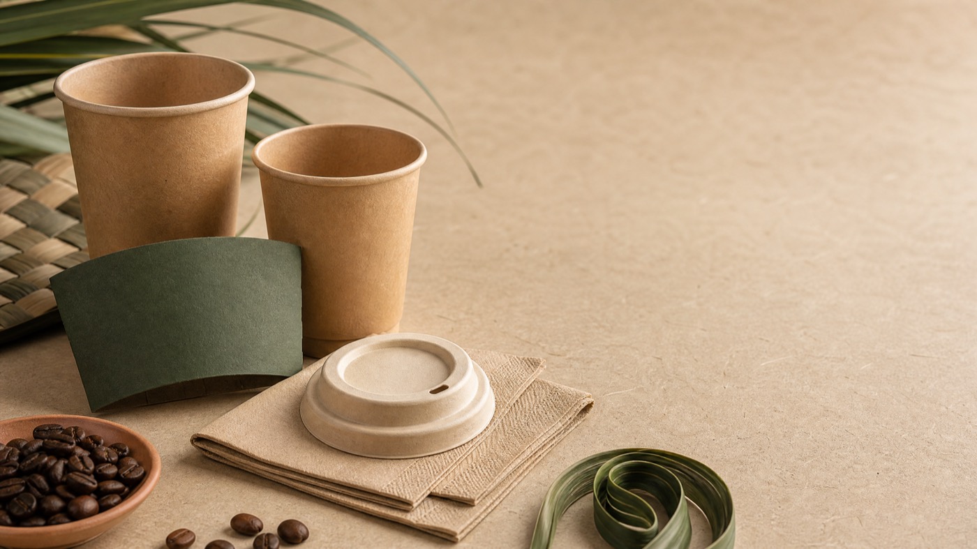 Unbranded coffee cups, sleeve and packaging samples arranged for a café project