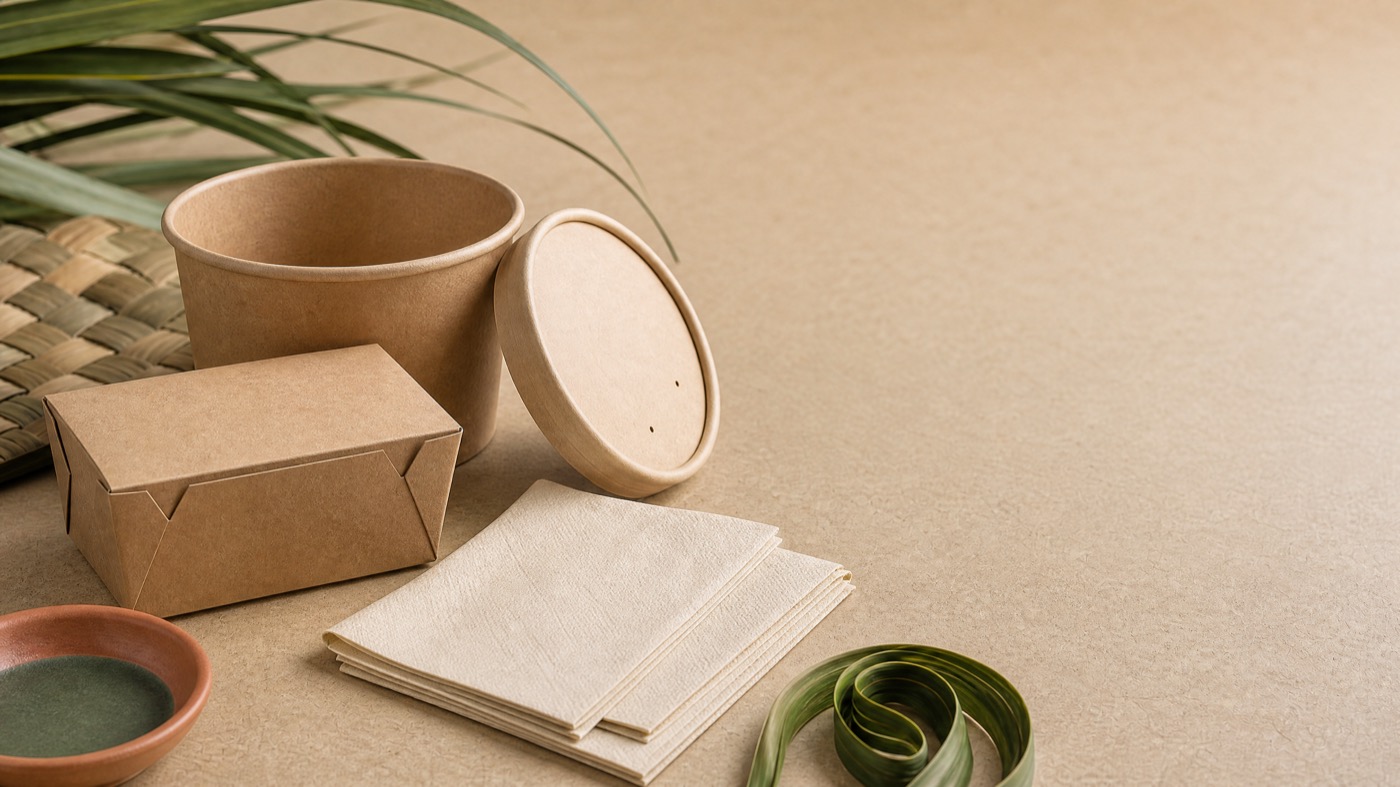 Unbranded takeaway box, fibre bowl and lid packaging samples for a hot-food project