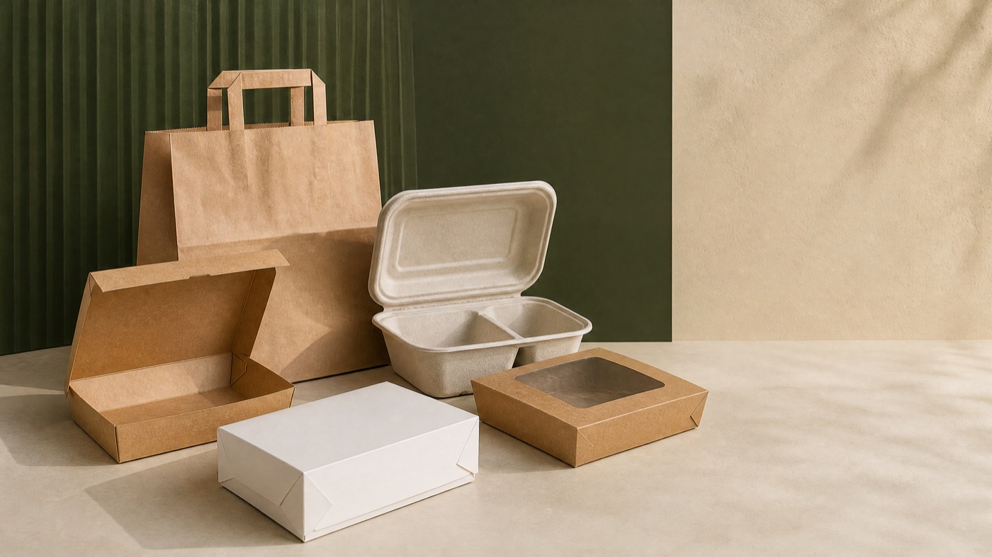 Unbranded kraft and moulded-fibre takeaway food boxes arranged as a packaging sample collection